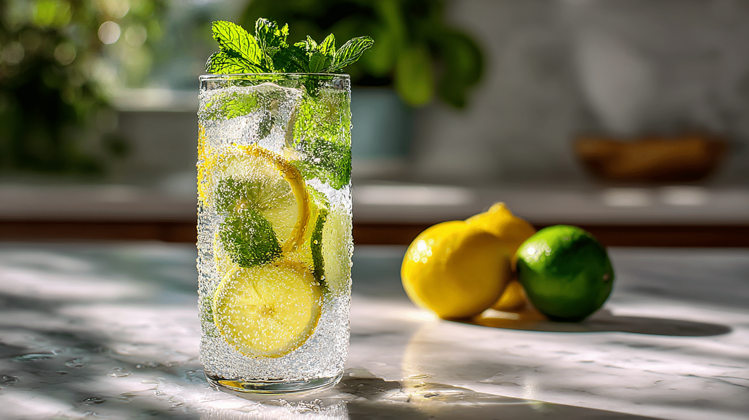 Sparkling water mocktail for weight loss with lemon, lime and mint in a tall glass