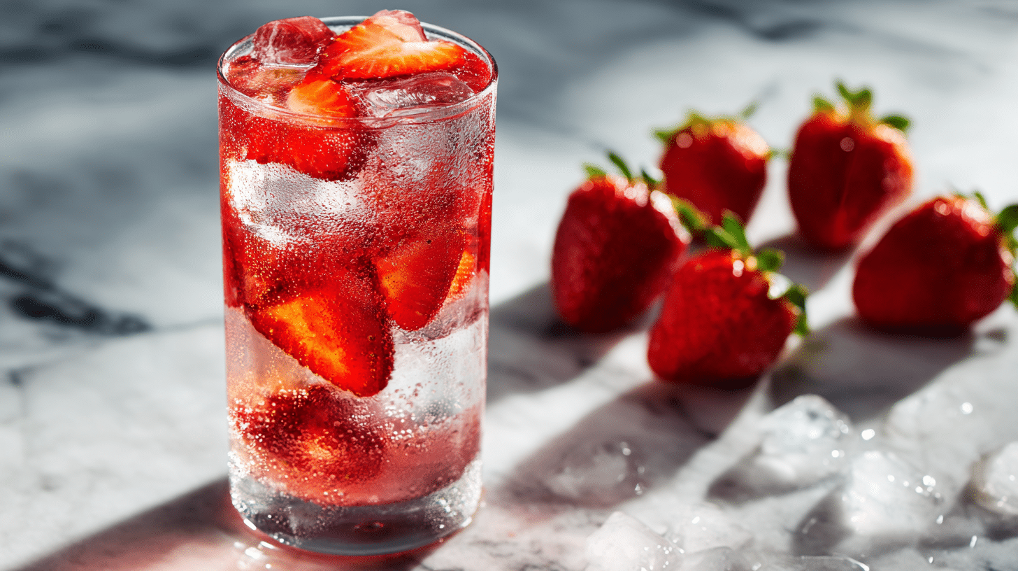 Strawberry protein water recipe in glass with fresh strawberry slices and ice