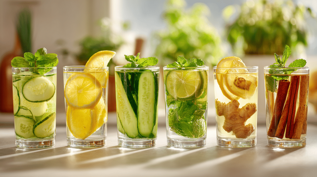 7-day detox drink challenge recipe with multiple glasses of lemon, cucumber, and ginger drinks on kitchen counter