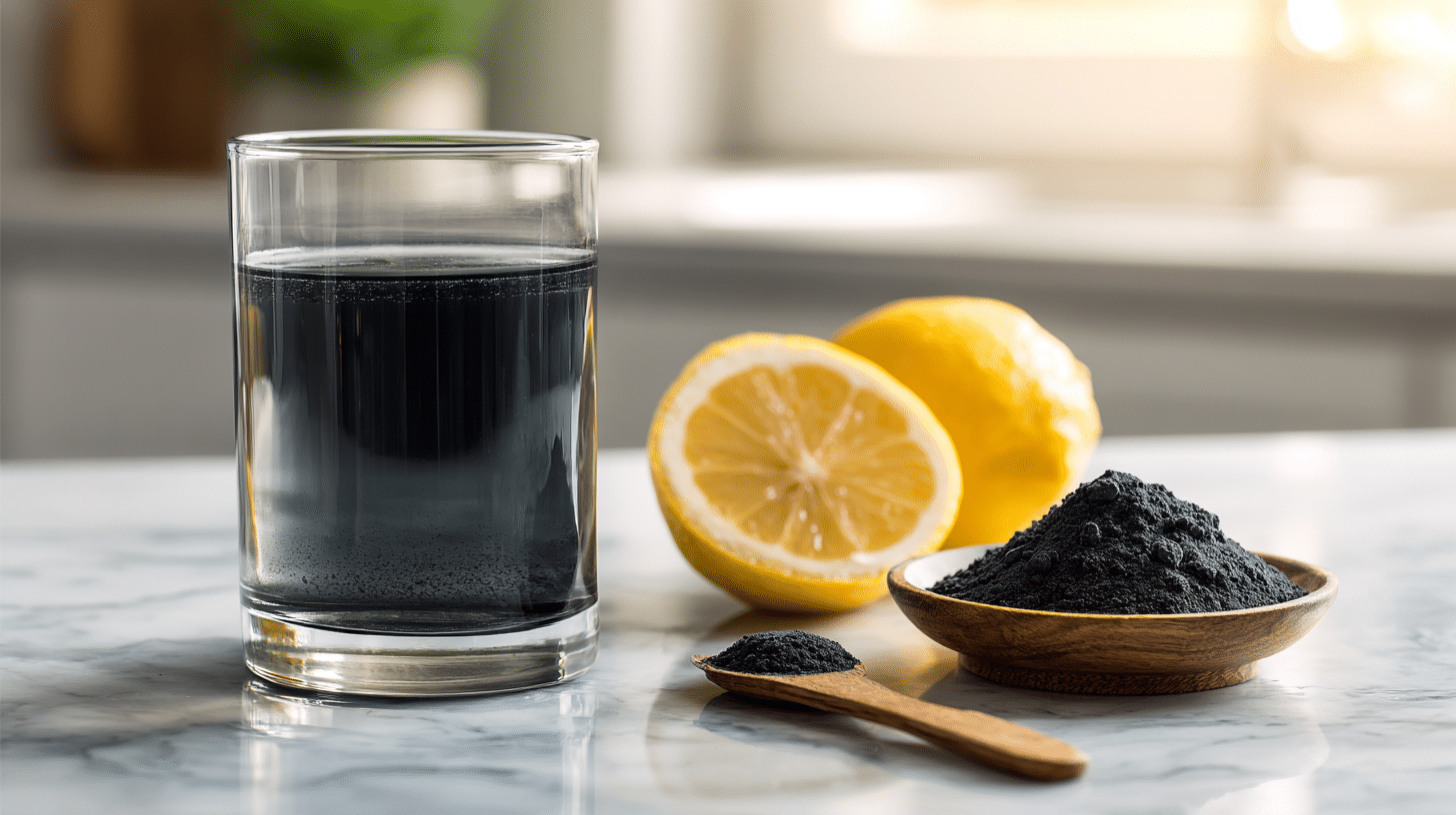 activated charcoal detox drink recipe in a glass with lemon slices on kitchen counter