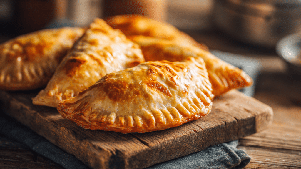 Air fryer apricot hand pies with golden flaky crust and crimped edges on a wooden board