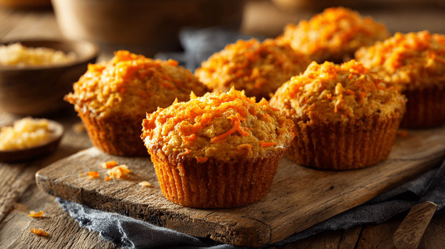 Air fryer carrot cake muffins with golden tops and moist crumb on a rustic wooden table
