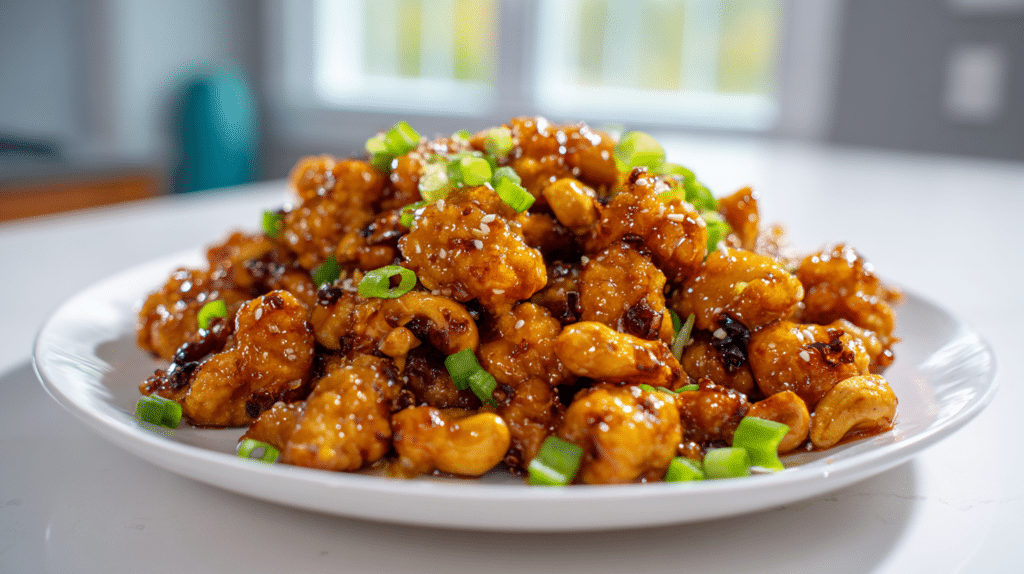 Air fryer cashew chicken with crispy coating, glossy sauce, and roasted cashews
