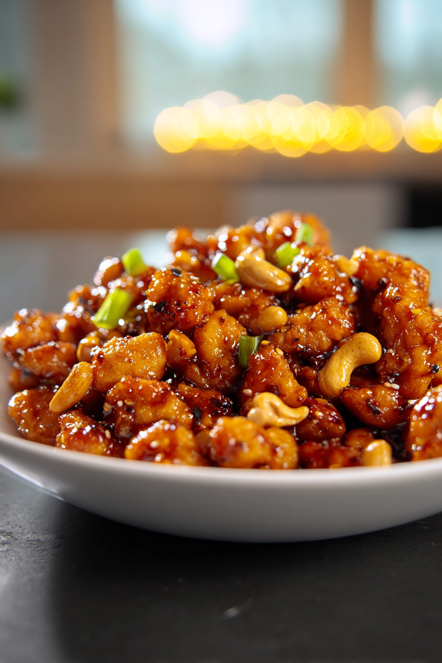 air-fryer-cashew-chicken-vertical Close-up of air fryer cashew chicken with crispy coating and cashews