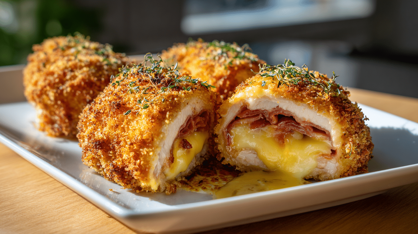 Air fryer chicken cordon bleu sliced with ham and melted cheese filling and crispy coating