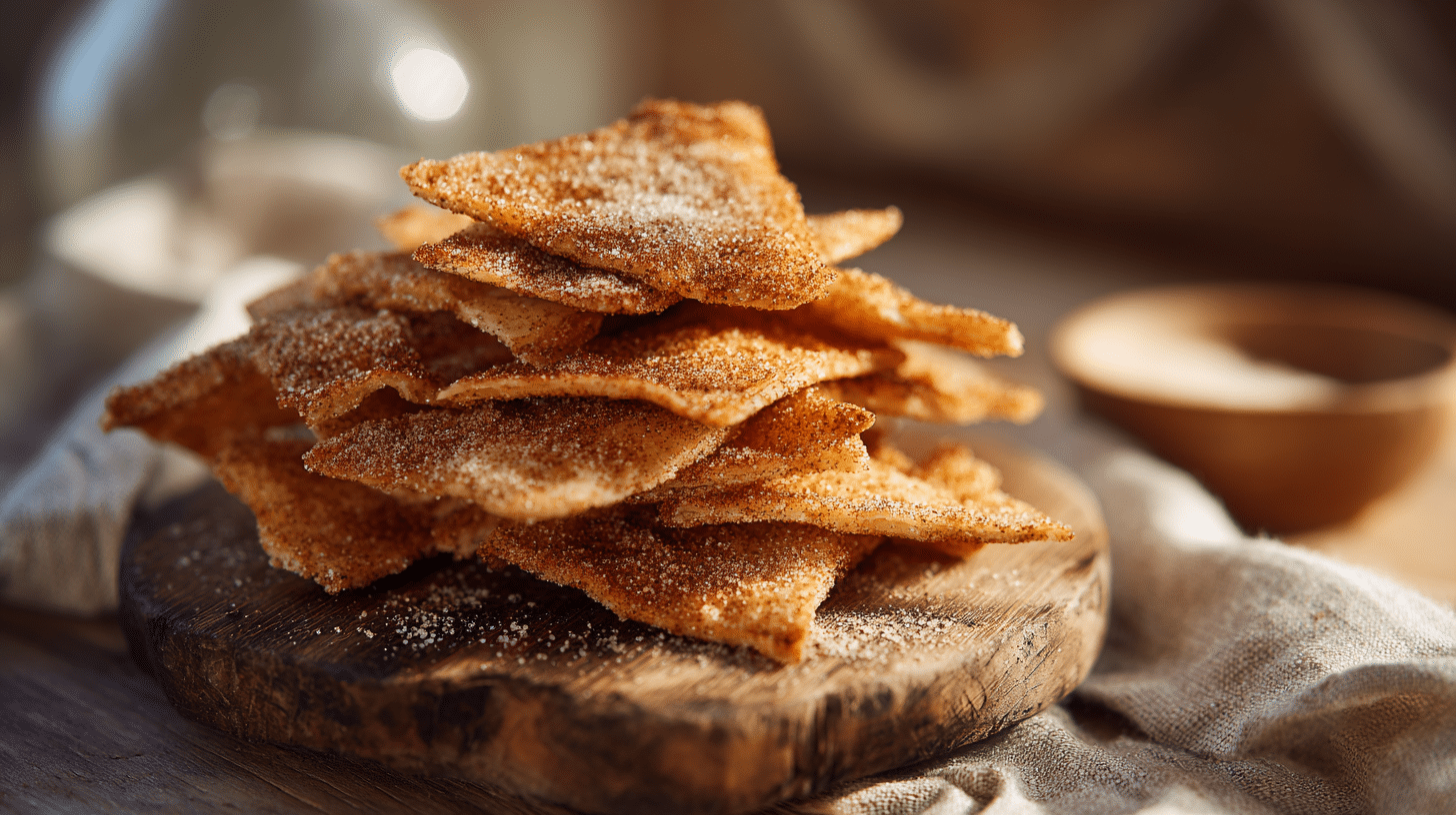 Air fryer churro chips with crispy texture and cinnamon sugar coating on a wooden board