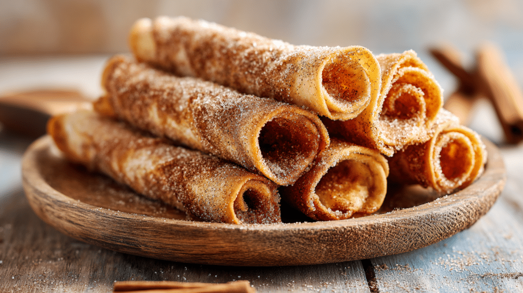 Air fryer cinnamon sugar taquitos with crispy golden shells coated in cinnamon sugar on a plate