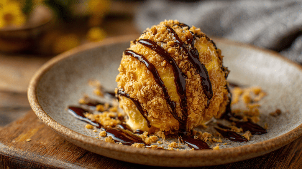 Air fryer fried ice cream with crispy golden coating and creamy center on a plate