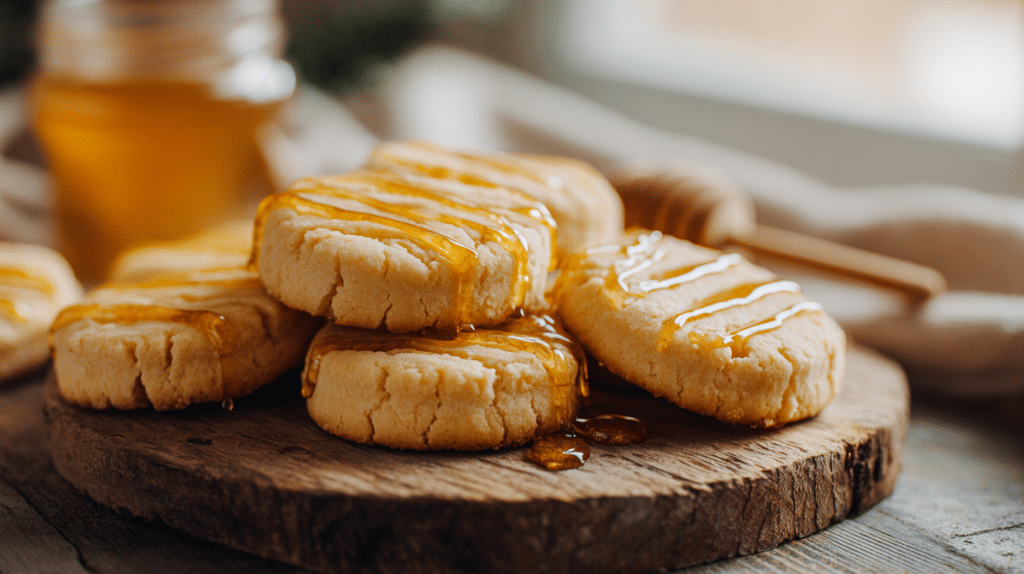 Air fryer honey-drizzled shortbread with golden edges and glossy honey on a rustic board