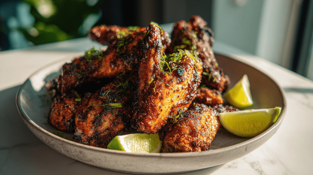 Air fryer jerk chicken with caramelized edges and bold spice coating on plate