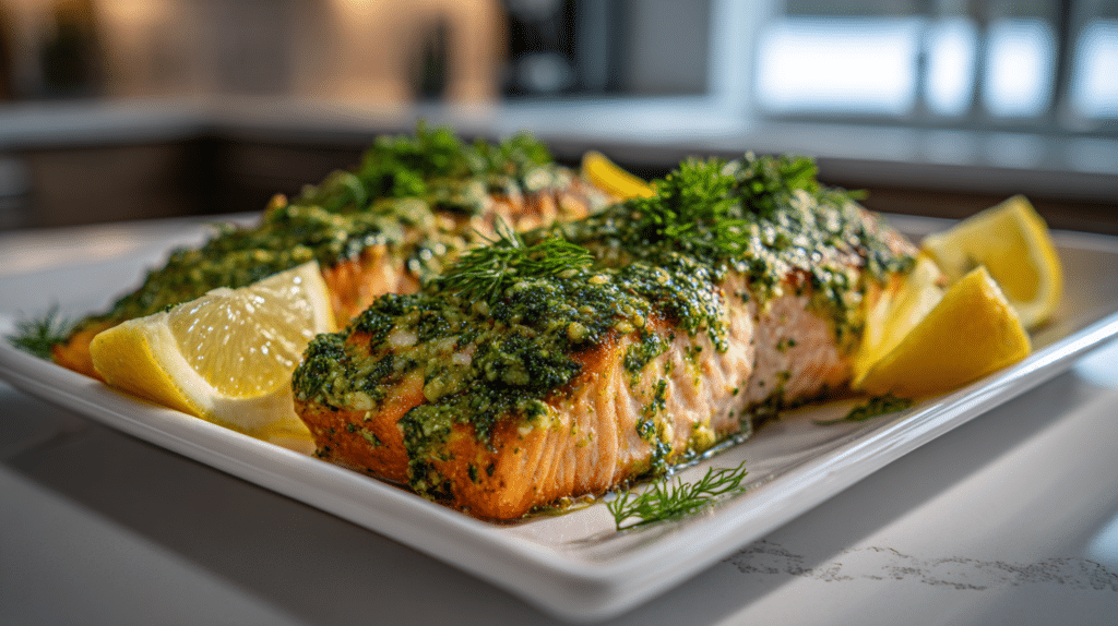 Air fryer pesto salmon with flaky texture and vibrant green pesto topping on plate