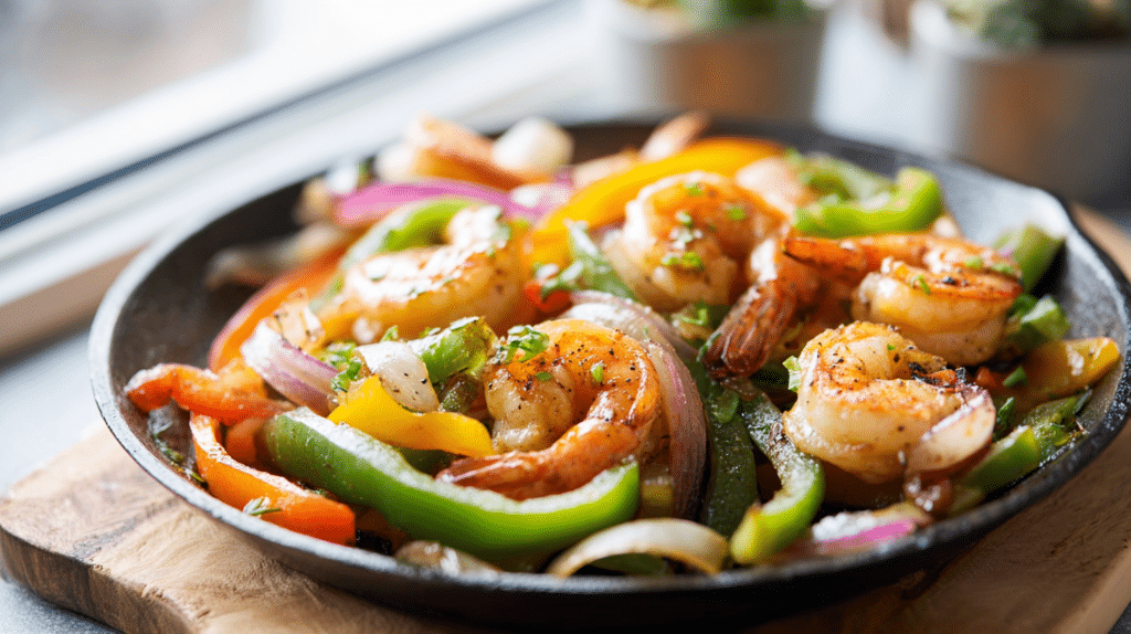 Air fryer shrimp fajitas with peppers and onions served on plate with vibrant colors
