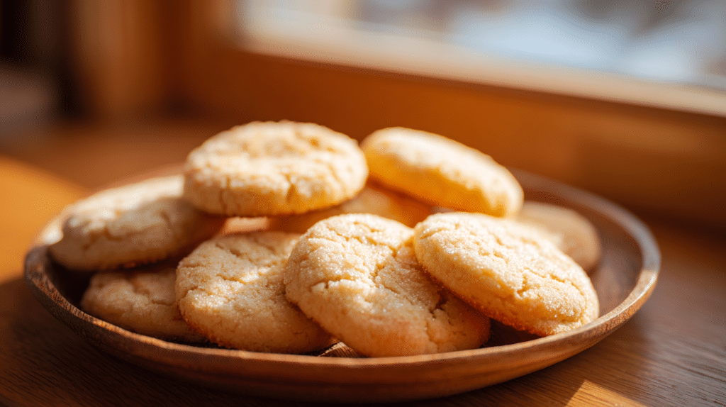 Air fryer sourdough sugar cookies with golden edges and soft chewy centers on a wooden tray