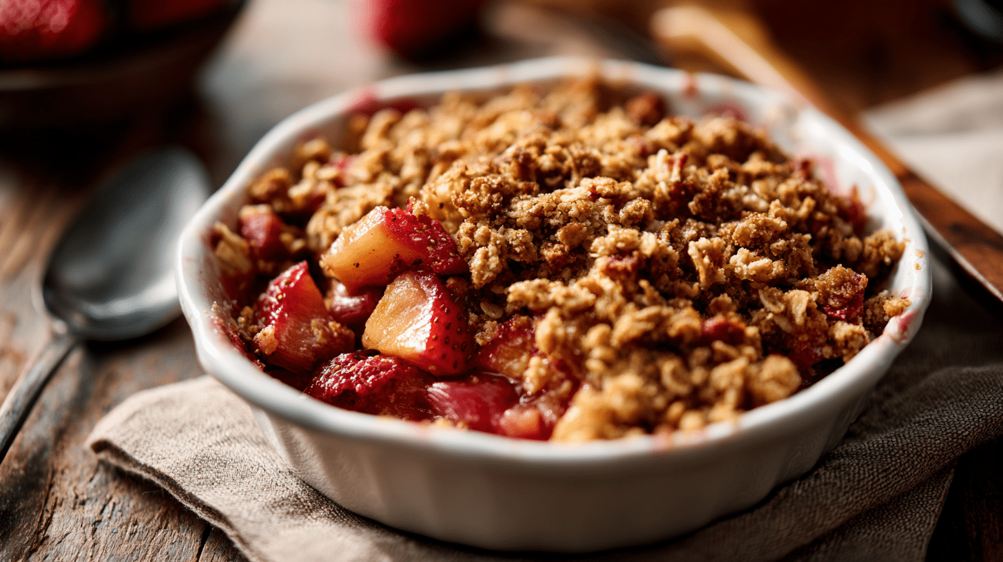 Air fryer strawberry-rhubarb crisp with golden oat topping and vibrant fruit filling in a baking dish