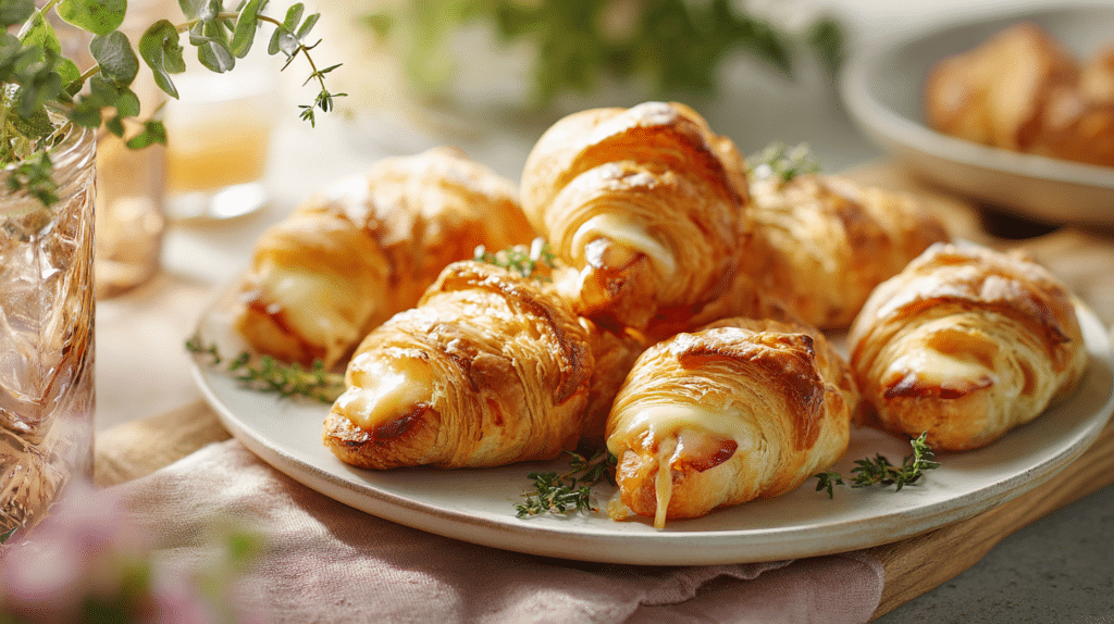 Stuffed air fryer croissants with flaky golden layers and melted filling on a brunch table