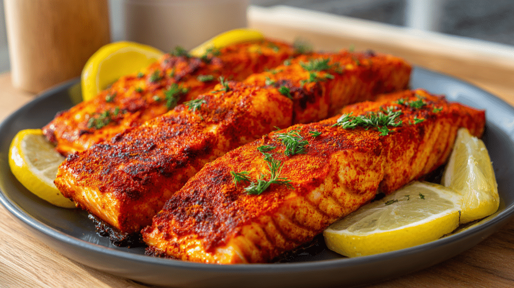 Air fryer tandoori salmon with vibrant spice coating and lemon wedges on plate