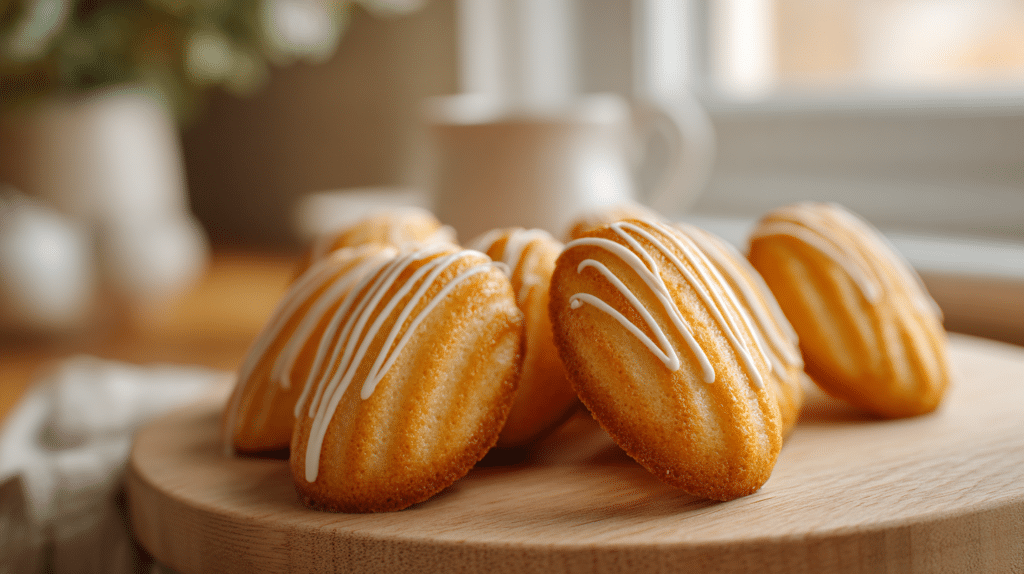 Air fryer white chocolate madeleines with golden edges and soft texture on a wooden table