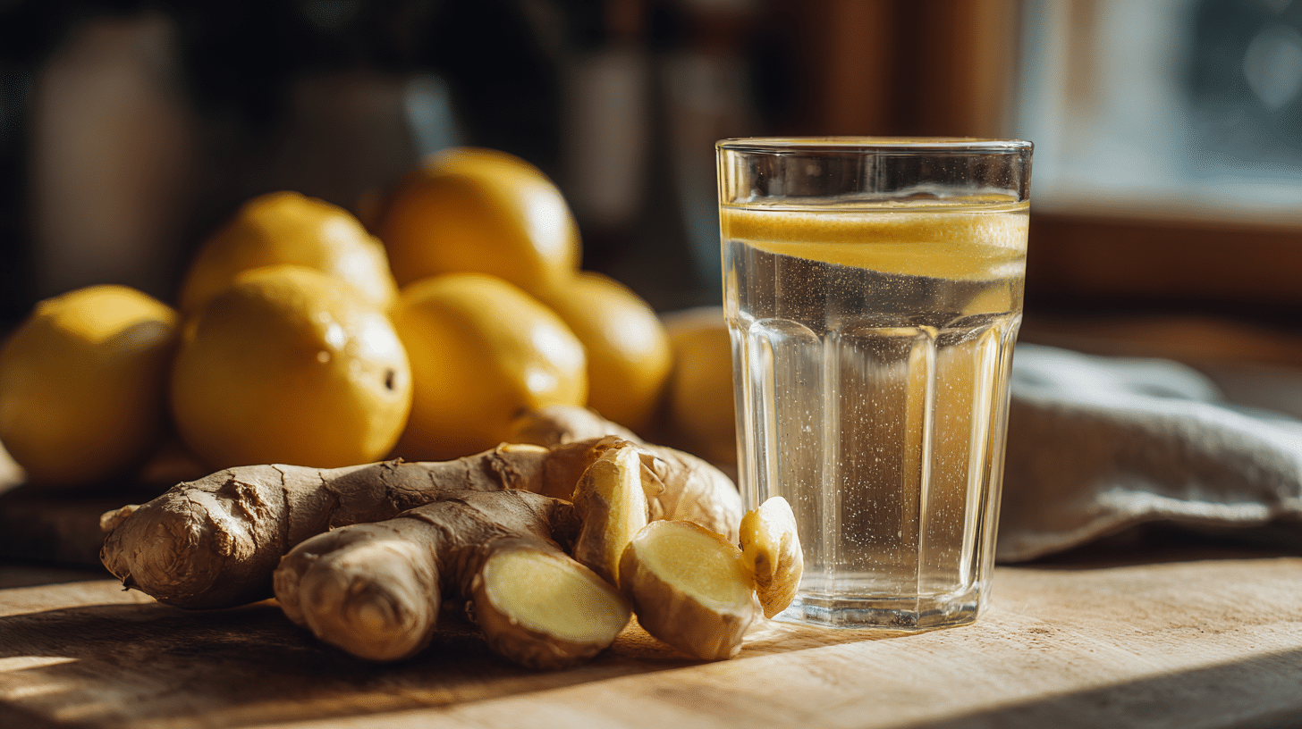 3-ingredient belly fat burner drink with lemon and ginger in a clear glass on a bright kitchen counter