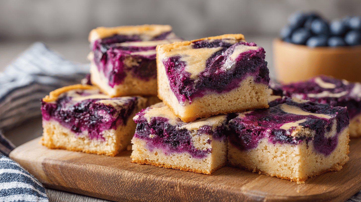 Blueberry swirl air fryer blondies with golden edges and vibrant berry swirls on a wooden board