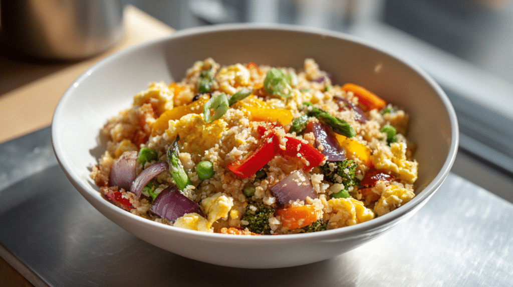 Cauliflower rice stir-fry with vegetables and eggs in a bowl, colorful and healthy dish