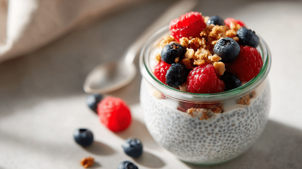 Creamy chia seed pudding with berries and granola in glass jar
