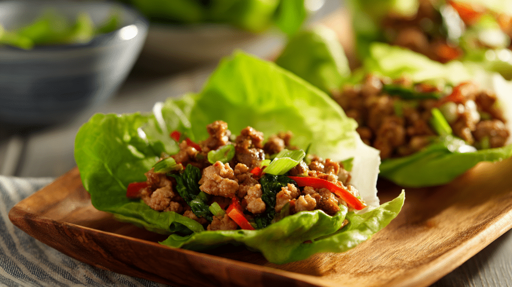 Chicken lettuce wraps with savory filling in crisp lettuce leaves on wooden platter