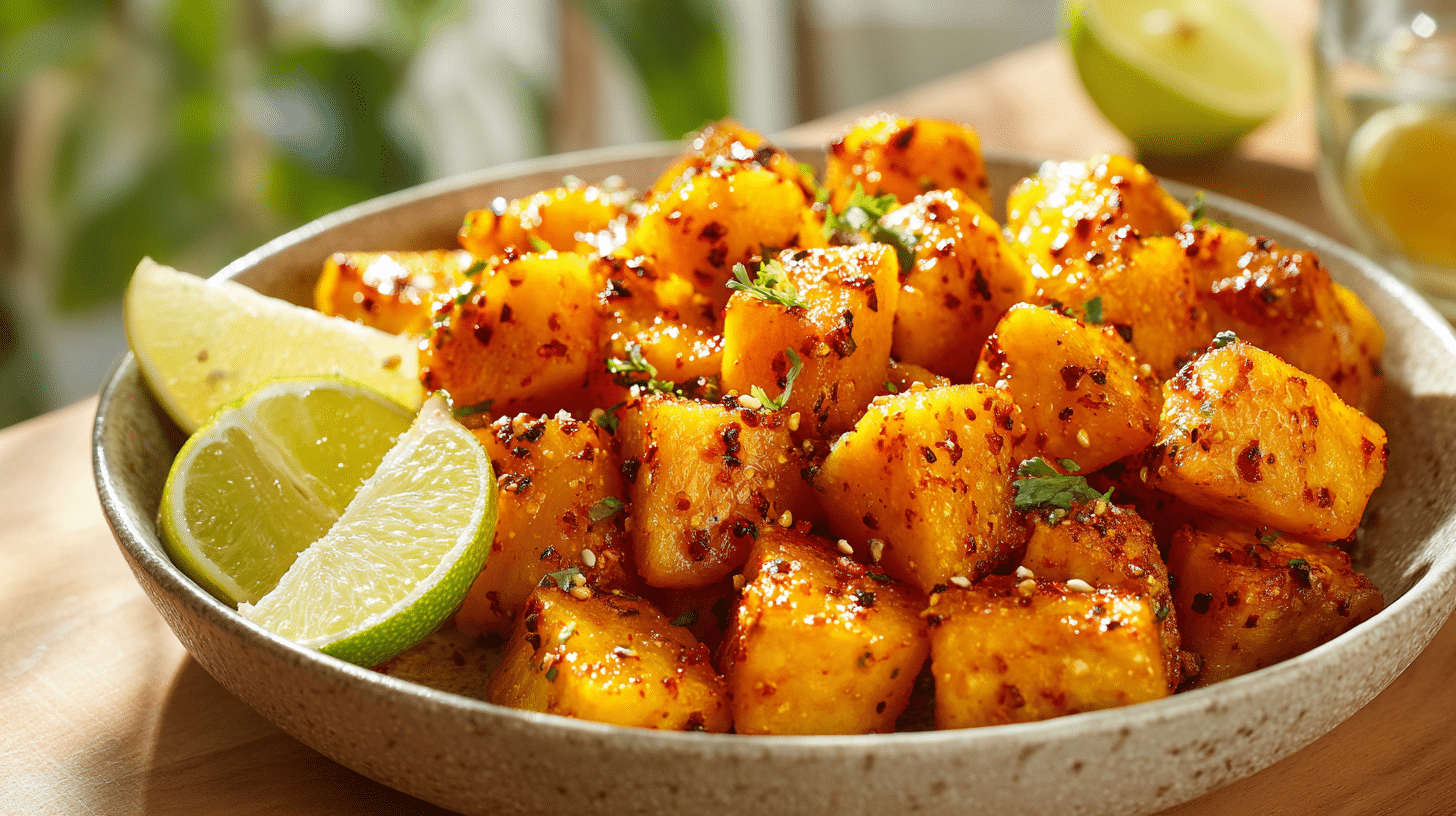 Chili-lime air fryer mango bites with caramelized edges and vibrant seasoning in a bowl