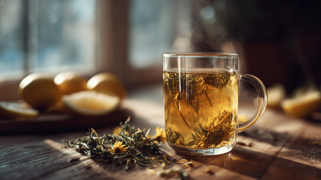 dandelion tea detox for weight loss in a glass mug with lemon slices on wooden table