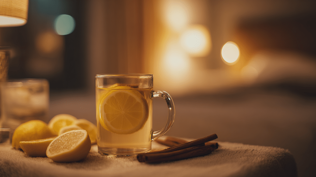 fat burning night drink before bed with lemon and cinnamon in a cozy nighttime setting