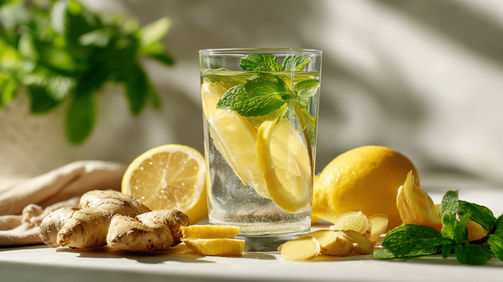 flat stomach drink in 5 minutes with lemon ginger and mint in a clear glass on kitchen counter