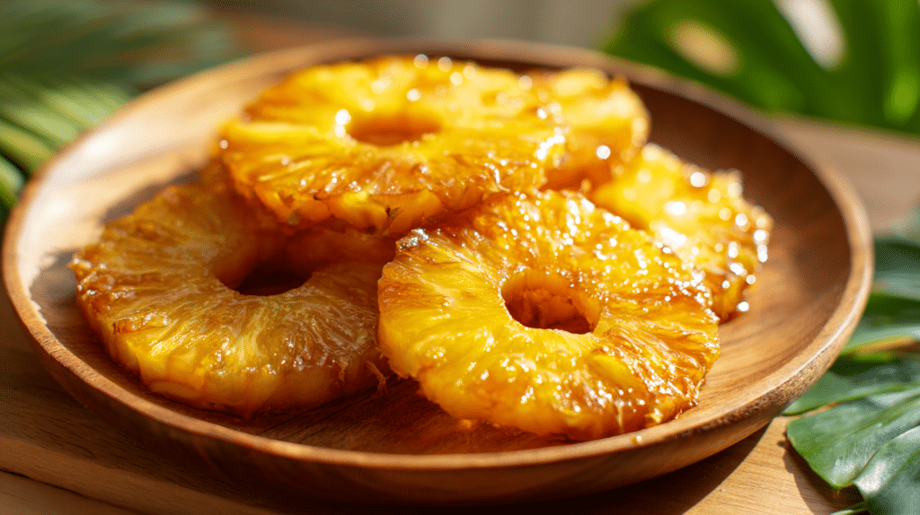 Honey-glazed air fryer pineapple with caramelized edges and juicy texture on a tropical plate