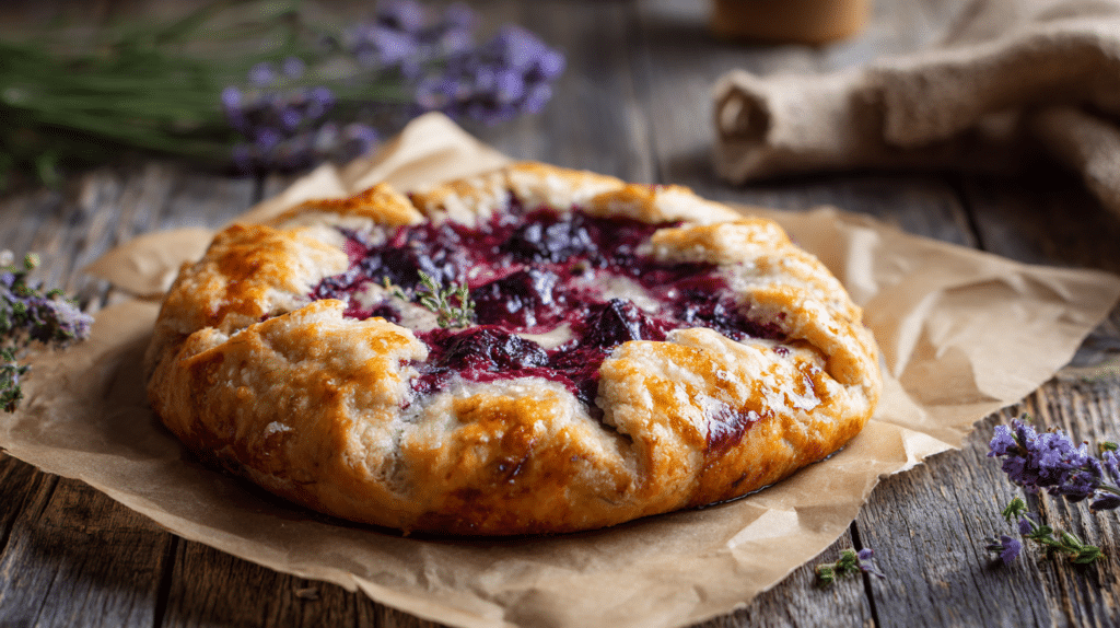 Lavender berry air fryer galette with golden crust and juicy mixed berry filling on rustic table