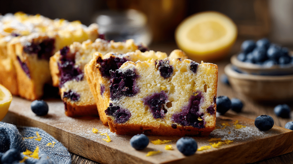 Lemon-blueberry air fryer brioche with soft crumb and juicy blueberries on a wooden board