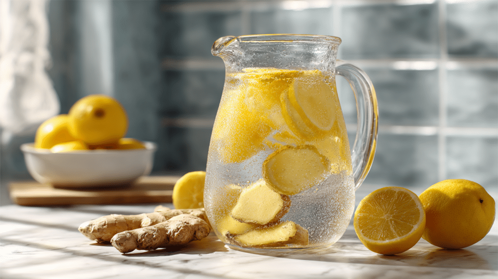 lemon ginger detox water in a glass pitcher with fresh lemon slices and ginger on kitchen counter