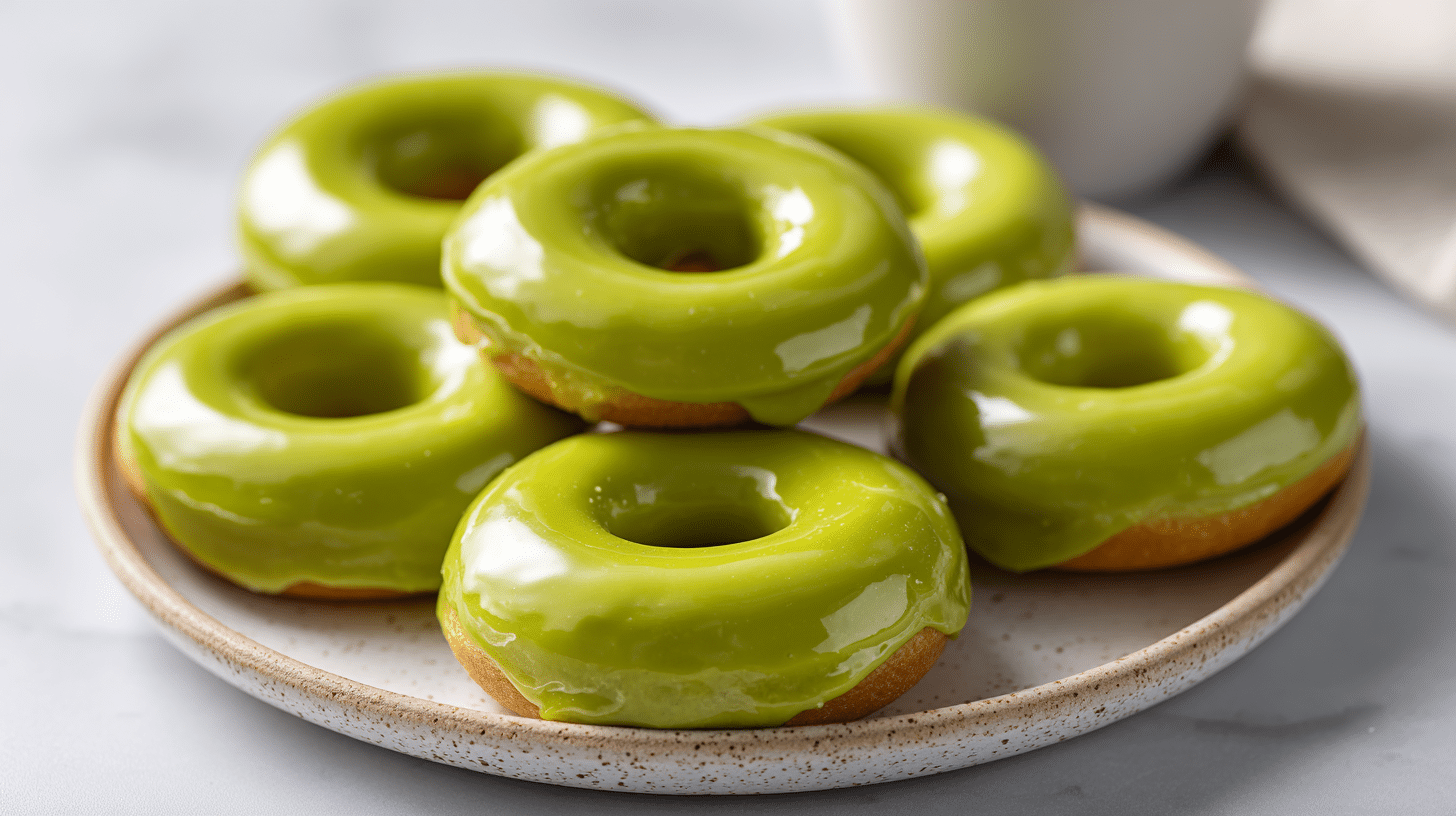 Matcha glazed air fryer donuts with smooth green glaze on a ceramic plate