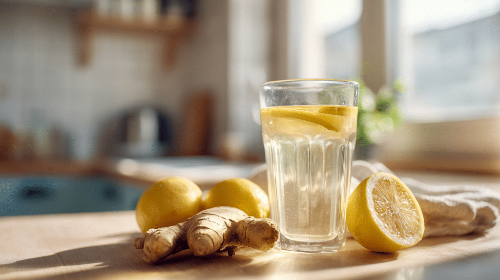 metabolism reset morning drink with lemon apple cider vinegar and ginger in a glass on kitchen counter