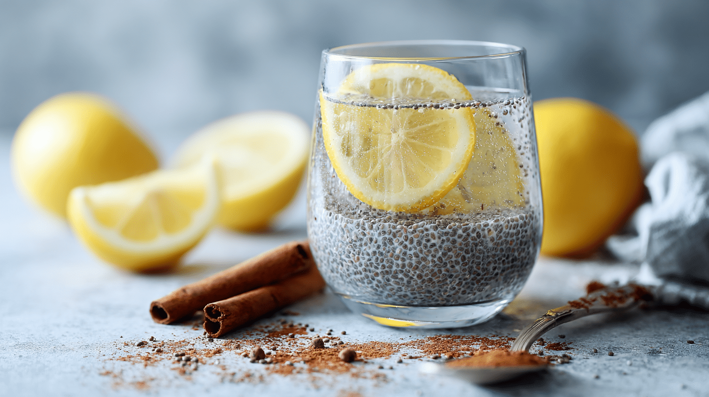 natural ozempic drink alternative with chia seeds lemon and cinnamon in a glass on kitchen counter