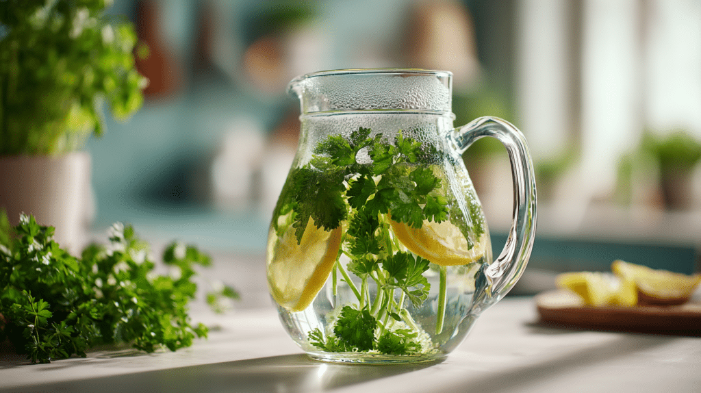 parsley detox water for bloating with fresh parsley and lemon slices in a glass pitcher on kitchen counter