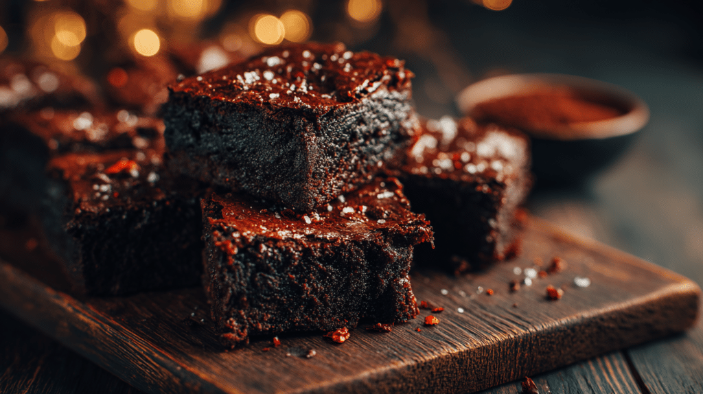 Swicy air fryer brownies with fudgy texture and chipotle spice on a wooden board