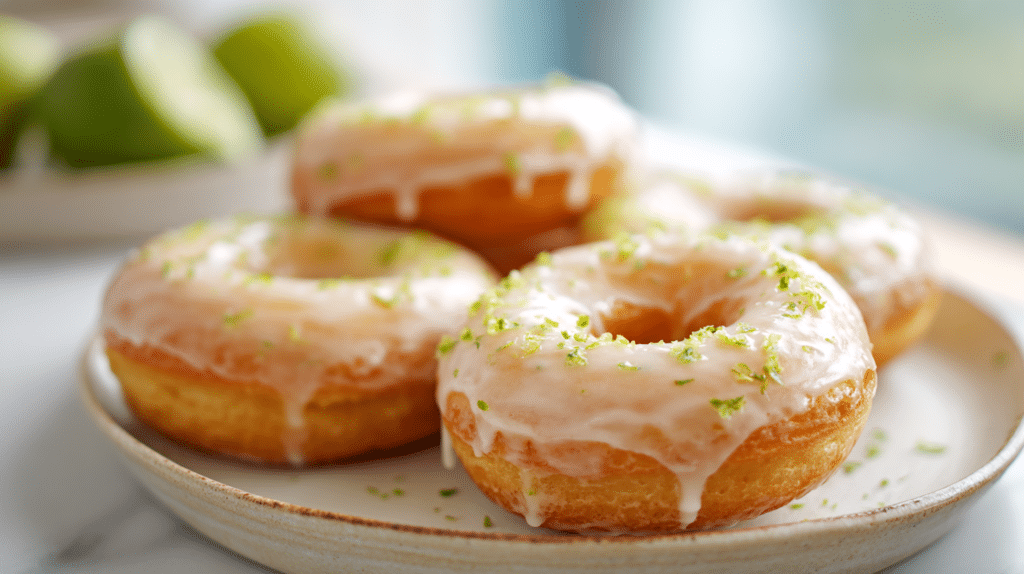 Tequila lime air fryer donuts with glossy citrus glaze and lime zest on a plate