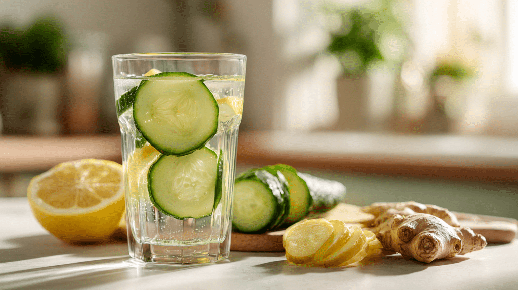 viral slimming drink recipe 2026 with cucumber lemon and ginger in a clear glass on kitchen counter